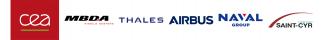 Logos des partenaires : CEA, MBDA, Thales, Airbus, Naval Group, Fondation Saint-Cyr